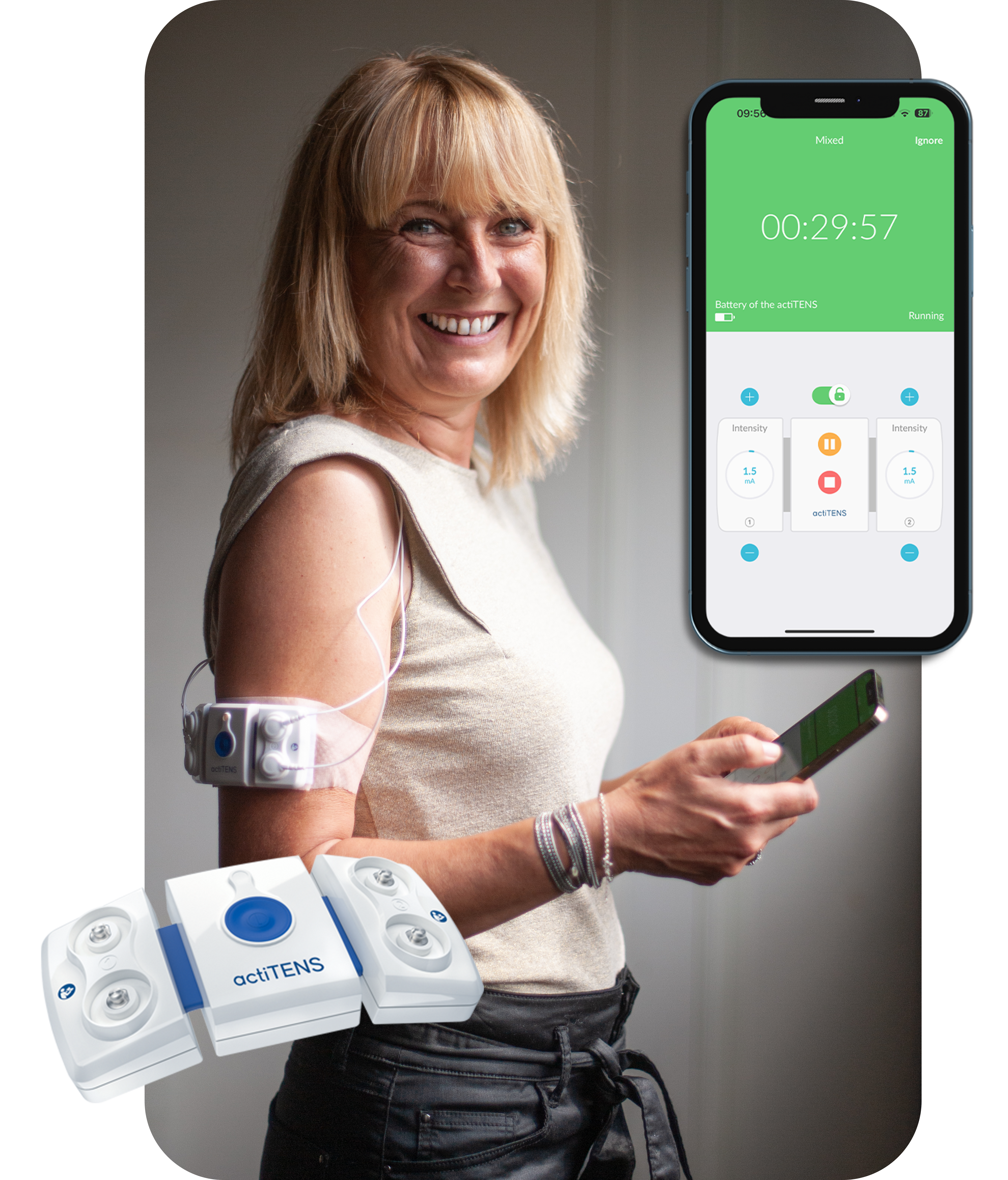 Discover advanced pain relief with actiTENS. A woman wears actiTENS for arm stimulation, discreetly managing pain while holding her phone to launch the TENS or EMS program. Discover the modern approach to pain management with actiTENS' innovative, drug-free and effective technology.
